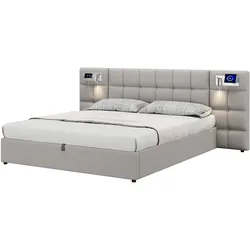 Merax Doppelbett Polsterbett 180x200cm, Breitohrbett Hydraulikbett mit USB, Wireless Charging, Beleuchtung & Holzlattenrost, Linen, Grau