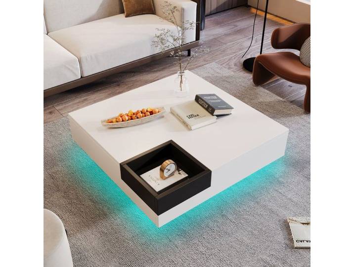 Table Basse Salon LED Table Basse Design avec Boîte de Rangement Amovible Blanc & Noir 72x72x30 cm