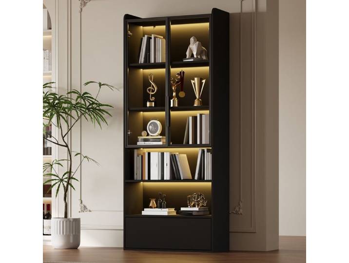 Vitrine 80*34*180cm Noir Armoire standard vitrine Armoire haute avec 1 tiroir et portes vitraux Avec 1 tiroirs