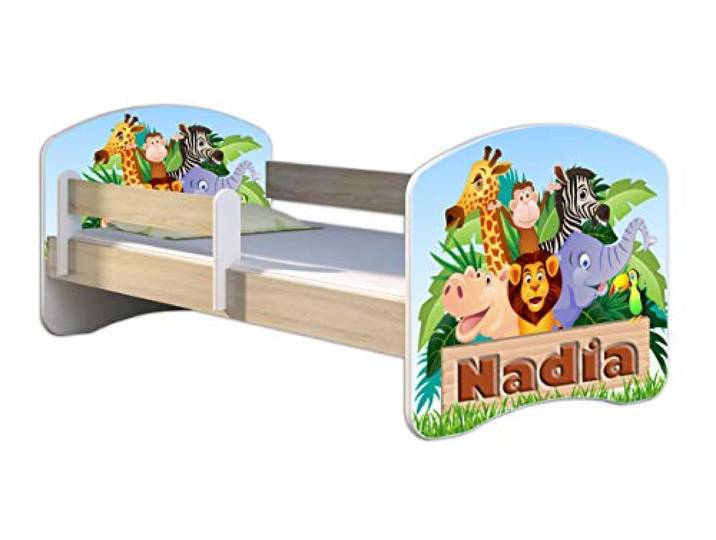 ACMA Kinderbett 140x70 Jugendbett mit Matratze, Farbe Sonoma mit Rausfallschutz Lattenrost II Spielbett Kinderzimmer Möbel, 02 Animals Name