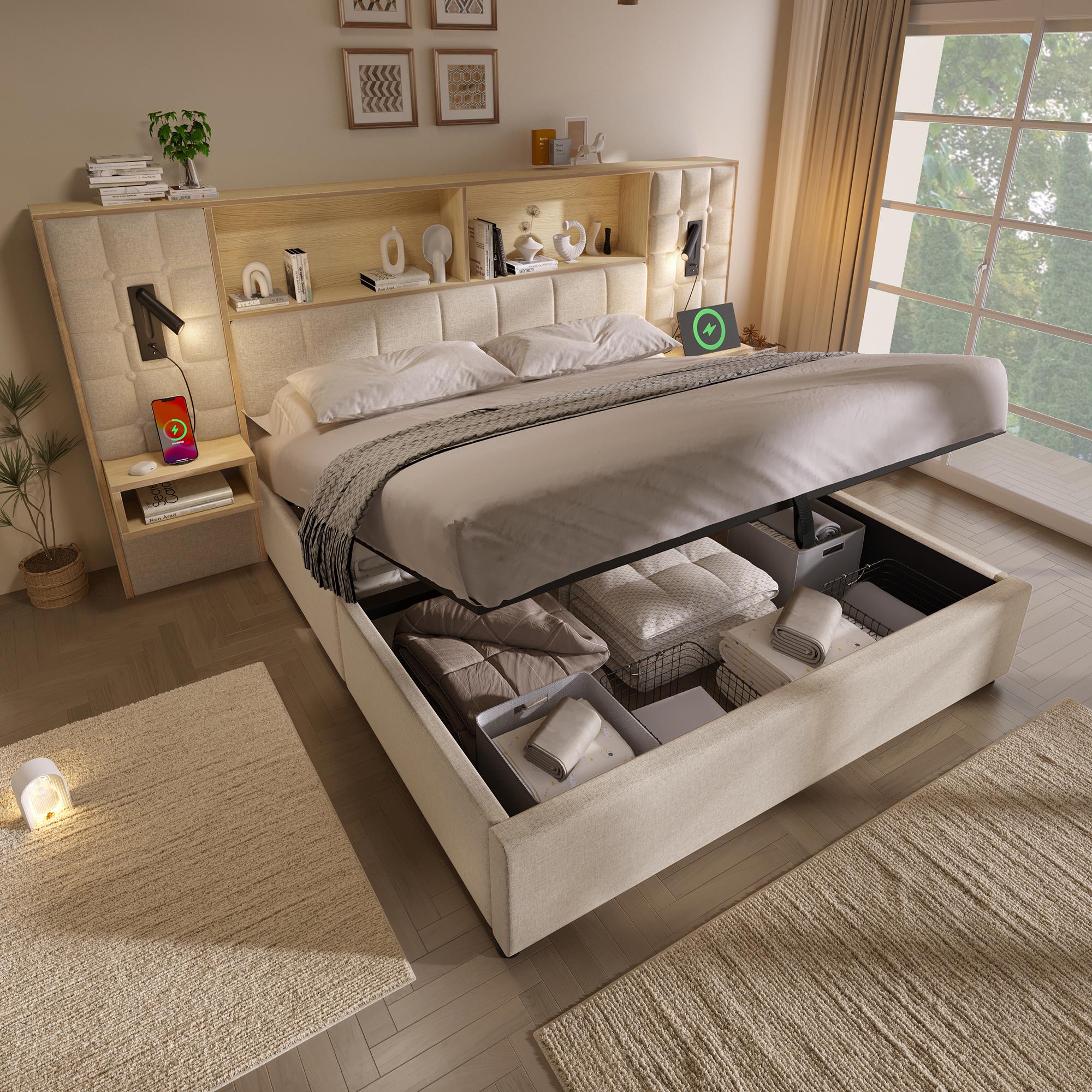 Polsterbett 180x200 mit Stauraum, Systembett Beige, LED & 2 Leselampen, 2 integr. Nachttische, USB Type-C Ladeport, Leinenstoff, inkl. Lattenrost