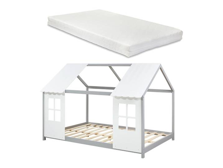[en.casa] Hausbett Tostedt mit Matratze, Grau, Weiß, Textil, Kiefer, 140x200 cm, Baby- und Kindermöbel, Kinderzimmer & Jugendzimmer, Kinderbetten, Hausbetten