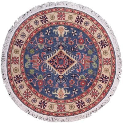 Treasured Knots Bohemian Kazak Giselle Blue/Natural Wool Round - 4'10'' x 4'10''