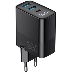 Havit USB-A1+USB-A2+USB-C UCLE001 EU (30 W, 3 Ports), USB Ladegerät, Schwarz