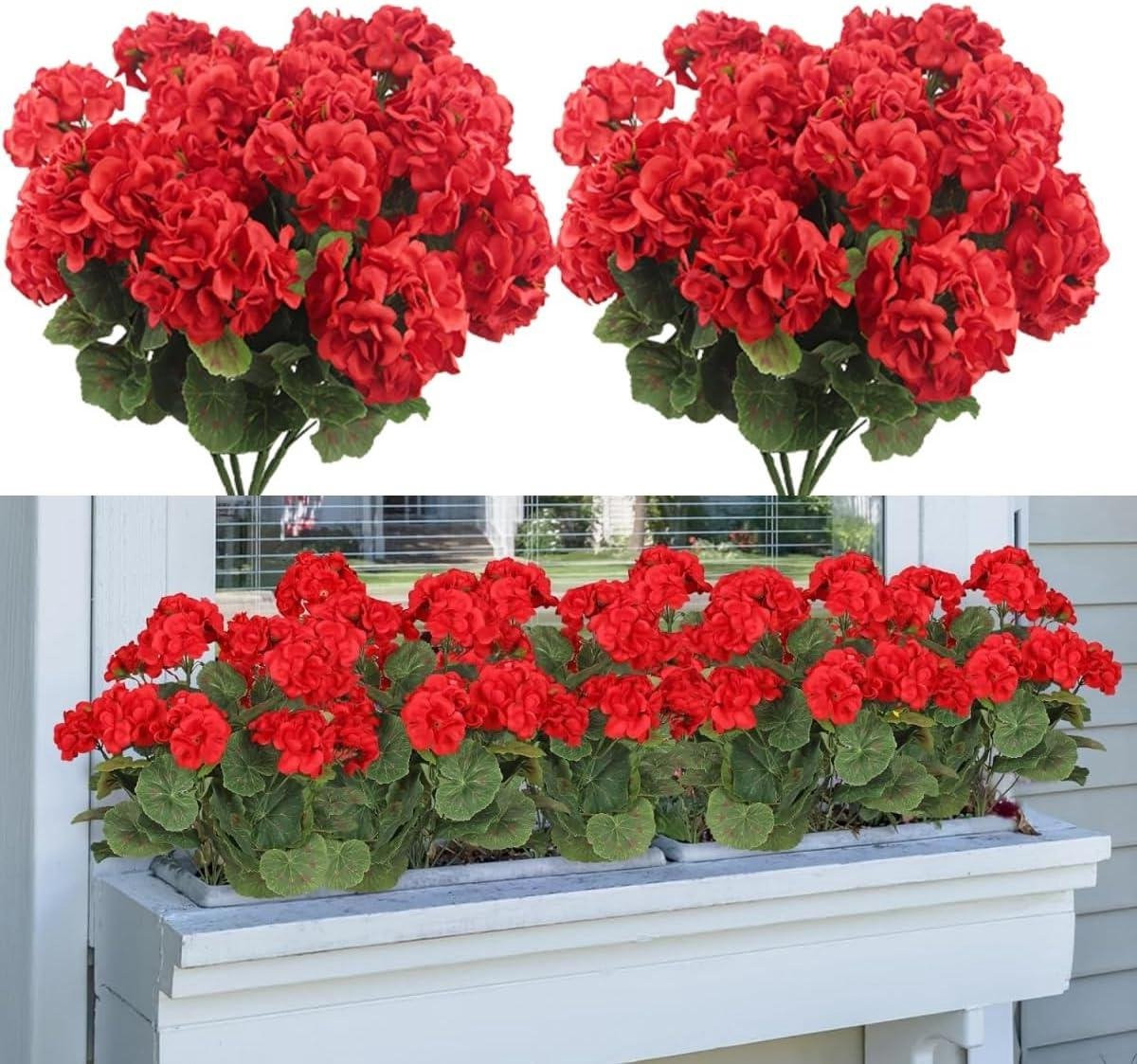 Rode Kunstmatige Geraniums - UV-bestendige Kunstbloemen voor Buitendecoratie - 37 cm