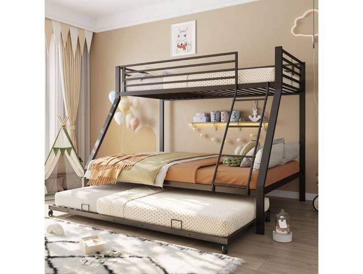 Lit superposé - ZEVKOR - Lit superposé 3 places avec lit gigogne - Métal noir - 90×200/140×200/90×190 - Sans matelas