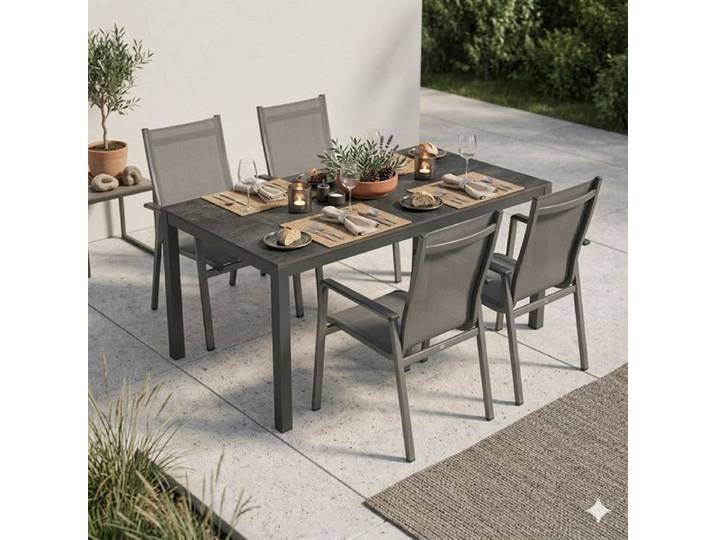 MWH Elements Gartenmöbel-Set M (4 Plätze) mit OUTLIV. Tisch 160x90cm Schwarz Dunkelgrau