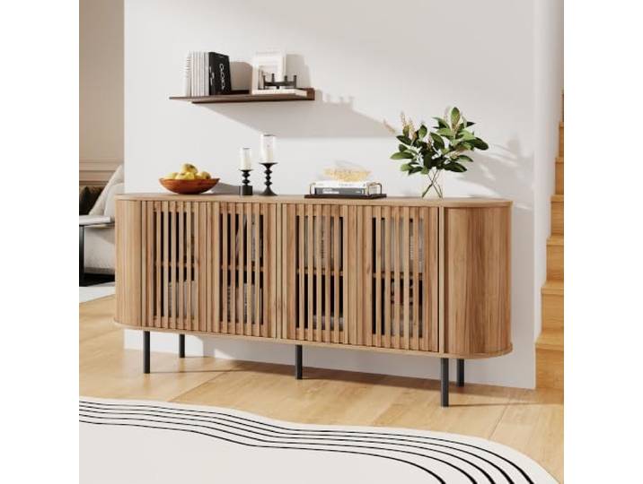 160x40x70cm Sideboard aus MDF mit 4 perforierten Schiebetüren, moderner Kommode mit verstellbaren Einlegeböden und stabilen Metallbeinen, Wohnzimmer Buffet-Schrank für Flur, Esszimmer,Naturholzfarbe