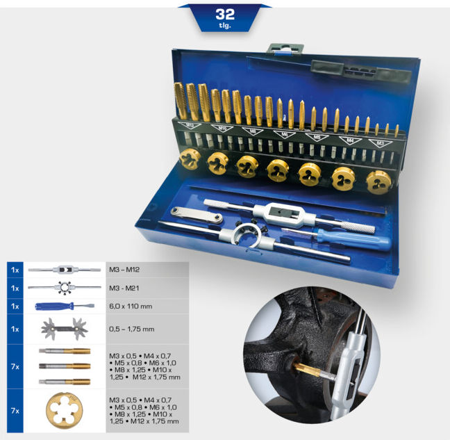 Brilliant Tools Jeu de tarauds et filières TiN, 32 pcs (BT101950)