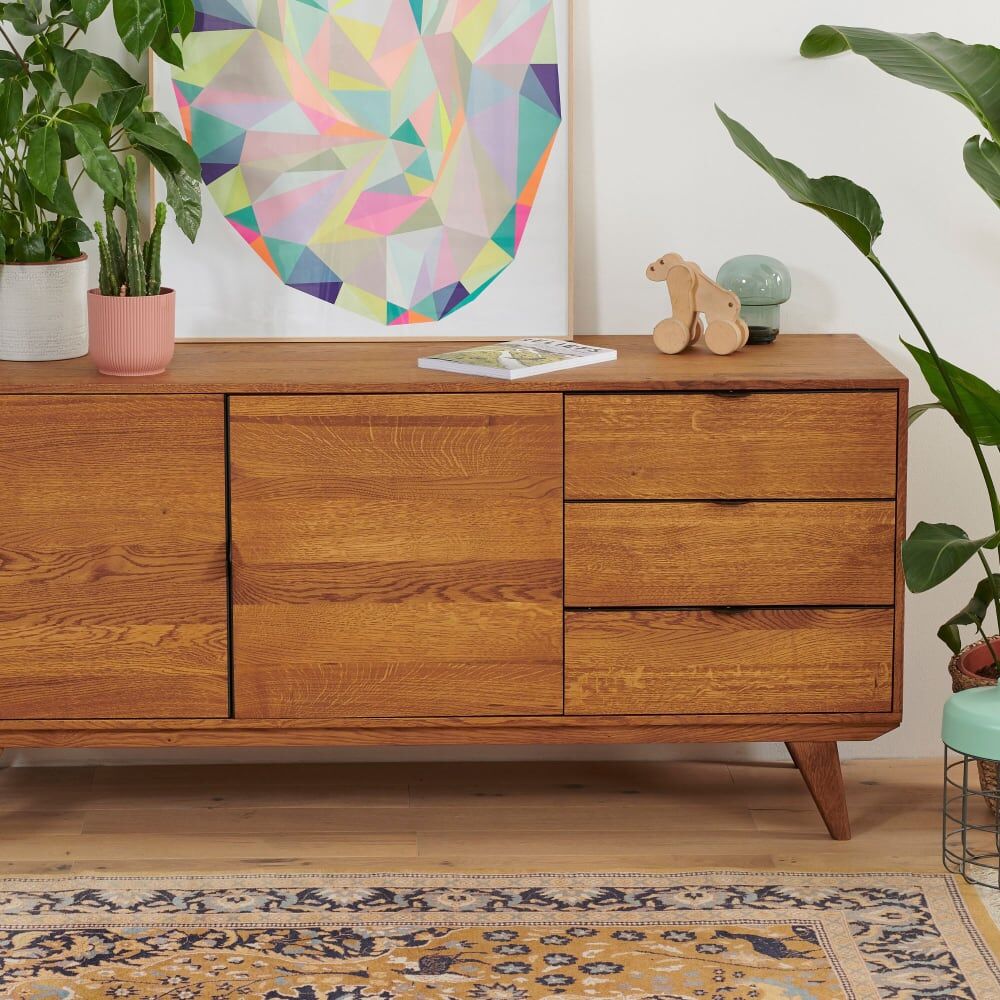 Hellin Buffet bas rétro en bois chêne 2 portes 3 tiroirs l160 noir Marron 160x75x47cm