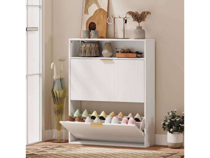 HOMCOM Armoire à Chaussures 2 Compartiments Rabattables Blanc Entrée