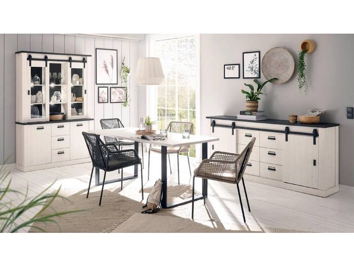 Möbel Akut Esszimmer-Set Esszimmer Sherwood D2 Pinie weiß anthrazit mit soft-close, (3-St)