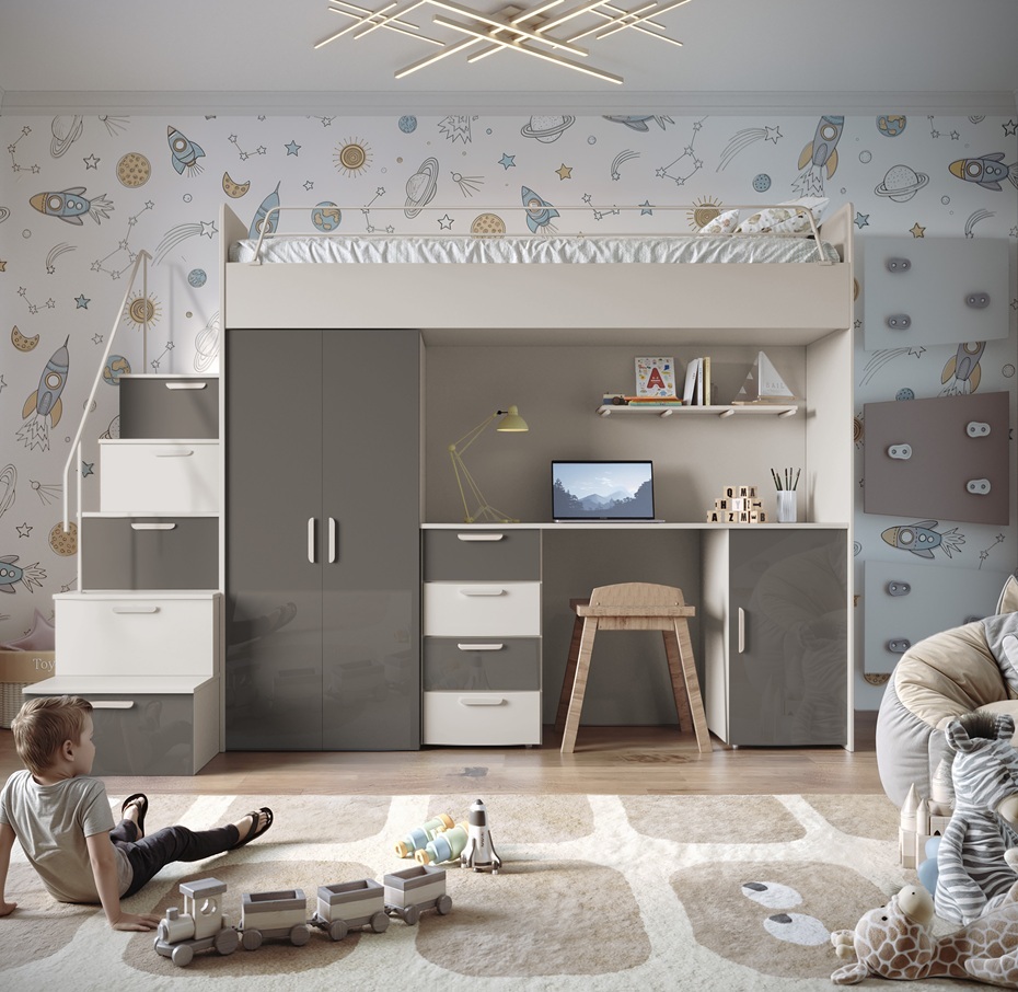 Etagenbett FELIX 4S, Hochglanz Kinderbett, Hochbett, OHNE Matratze und Lattenrost (Kaschmir + Grau, Glanz)