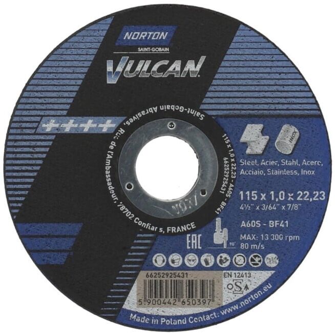 Norton VULCAN Disque de coupe métal inox droit ultra-fin 115x1x22,23 ; Saint-Gobain (66252925431)
