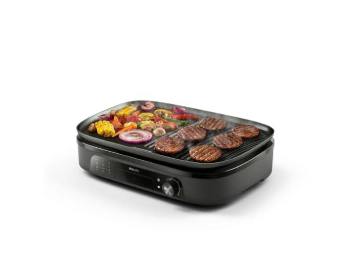 Philips Grill Électrique & Plancha 3000\, Température réglable\, 2400W\, Noir 5 niveaux de température\, Chauffe Rapide\, Grande Surface 1250 cm²\, Plaque Antiadhésive Amovible\, Nettoyage Facile (HD6210/95)