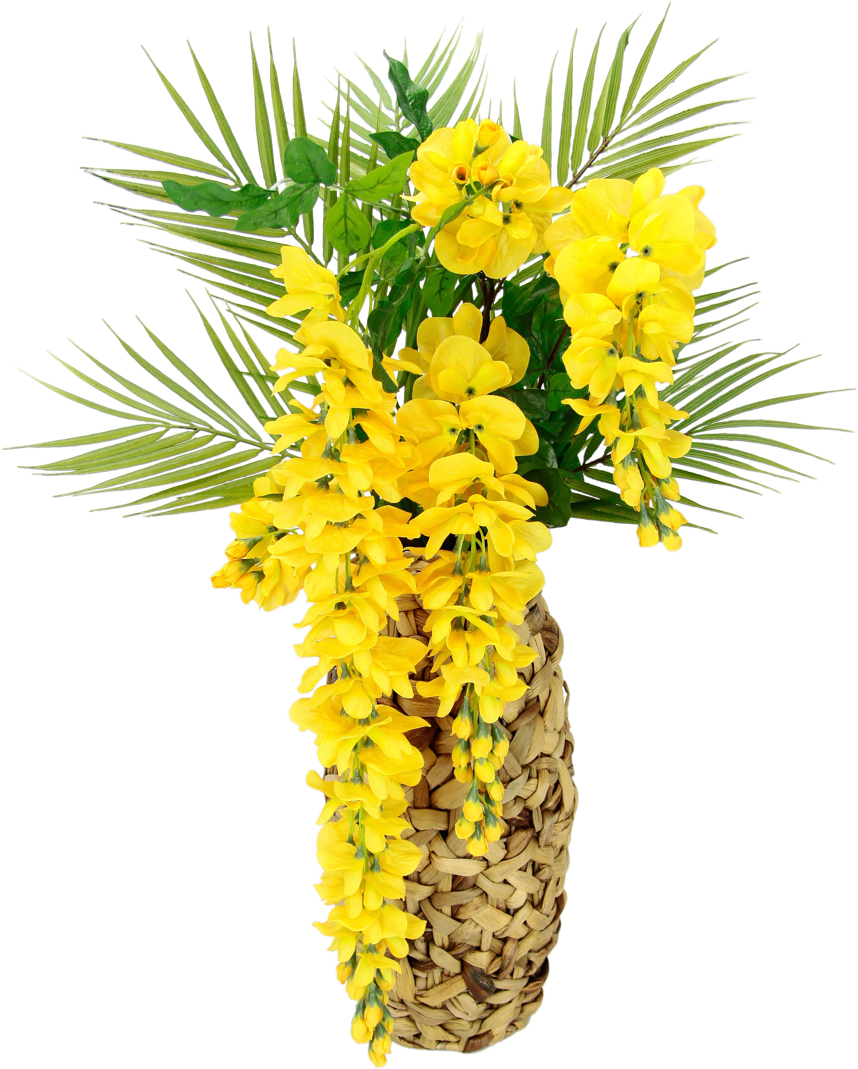 Kunstblume I.GE.A. "Blumenarrangement Goldregen mit Palmenzweige", gelb, B:45cm H:70cm, Kunstpflanzen, Vase aus Wasserhyazinthe