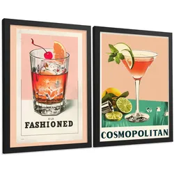 POSTER 2er Set Cocktail-Wandbilder Old Fashioned und Cosmopolitan Vintage Küche Bar Wanddeko Schwarzer Rahmen A3