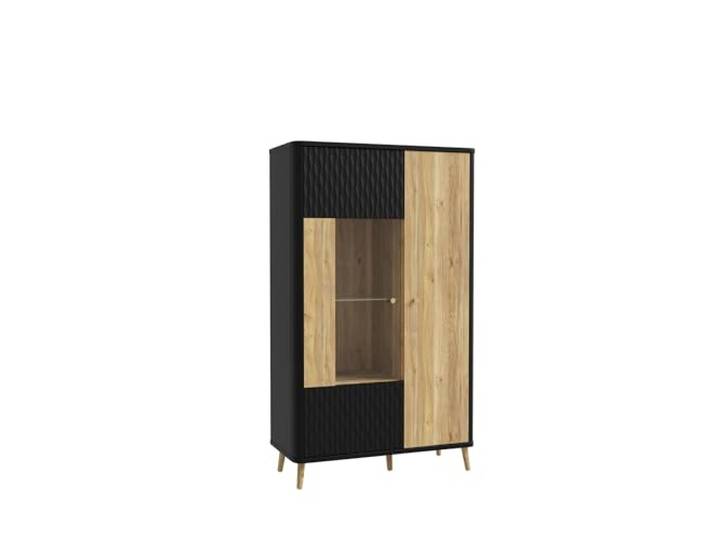möbelando Stauraumvitrine >FIXSMILE< 2 Türen, Mauvella Eiche Dekor/Schwarz - 93,3x158,2x41,5cm (BxHxT)
