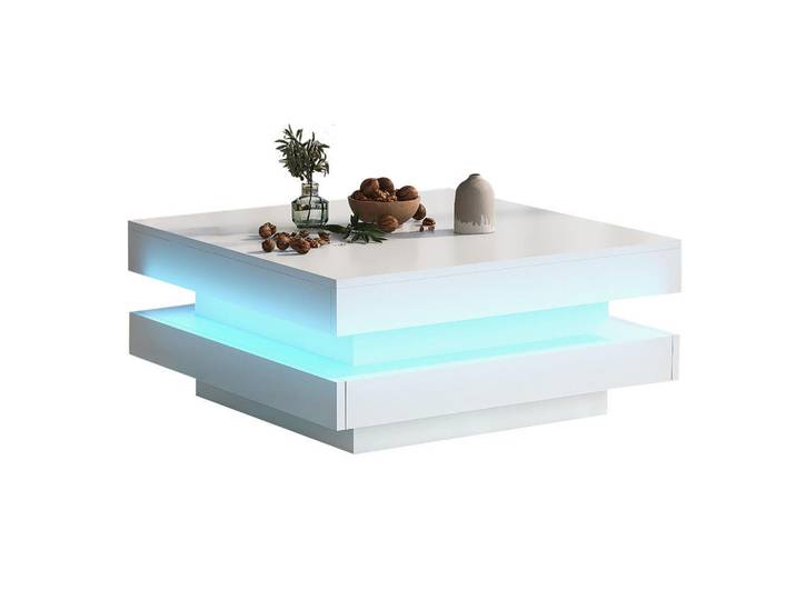 Flieks Couchtisch 70x70cm Weiß Quadratisch Bluetooth LED Techno Stil 45kg, Holz, 79.5x14.7x80 cm, Wohnzimmer, Wohnzimmertische, Couchtische