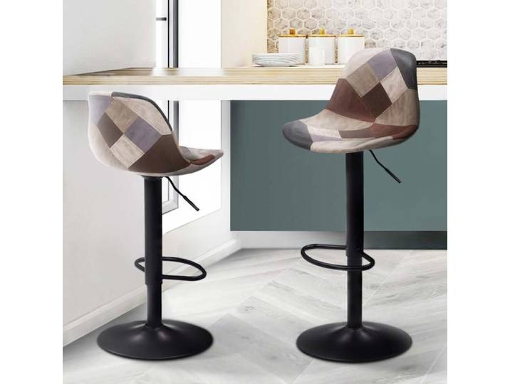 IDMARKET Lot de 2 tabourets de bar KARL design patchworks marron gris et beiges pied noir
