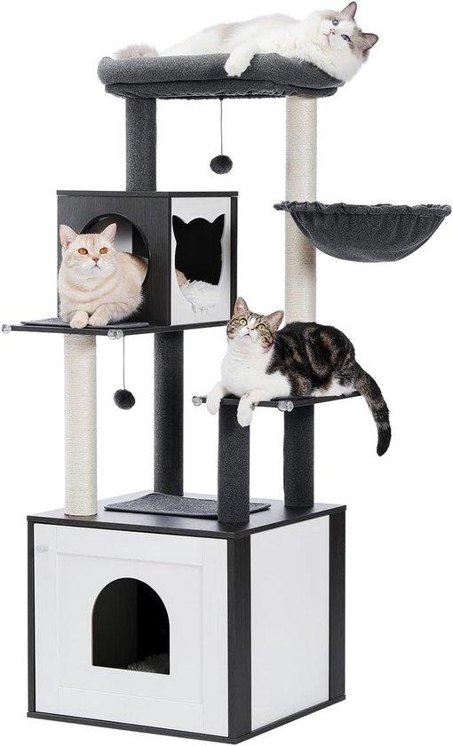 Famanu Katzenbaum mit Kratzbaum, Versteck für Katzen und Hängematte - Schwarz, Beige, Braun