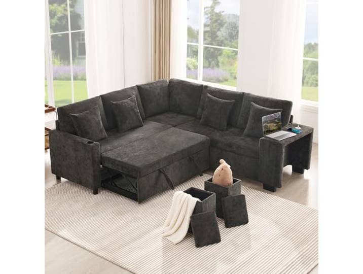 Merax Sofa Ecksofa mit Schlaffunktion und Stauraum, L-Form Schlafsofa mit Bettkasten, USB+Type-C, Getränkehalter und 2 Hocker, Schlafcouch Ausziehbar, Moderne Couch für Wohnzimmer, Chenille, Grau