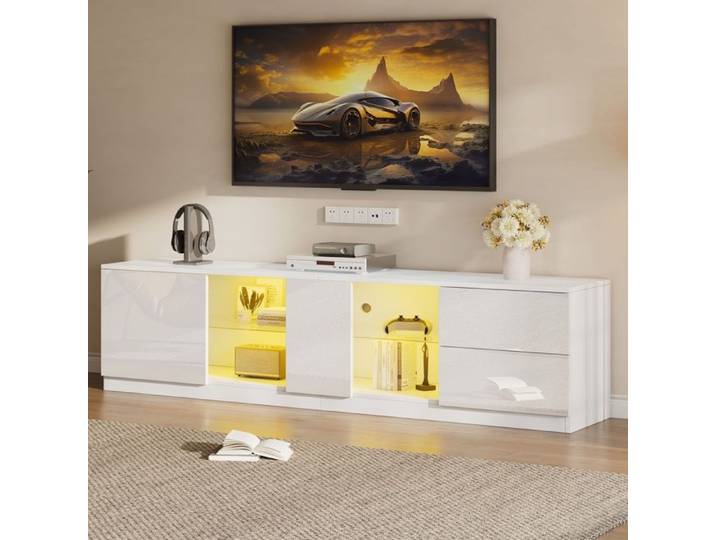 Meuble TV - DREAMMESPACE - 160 cm - Éclairage LED - Brillant - Blanc
