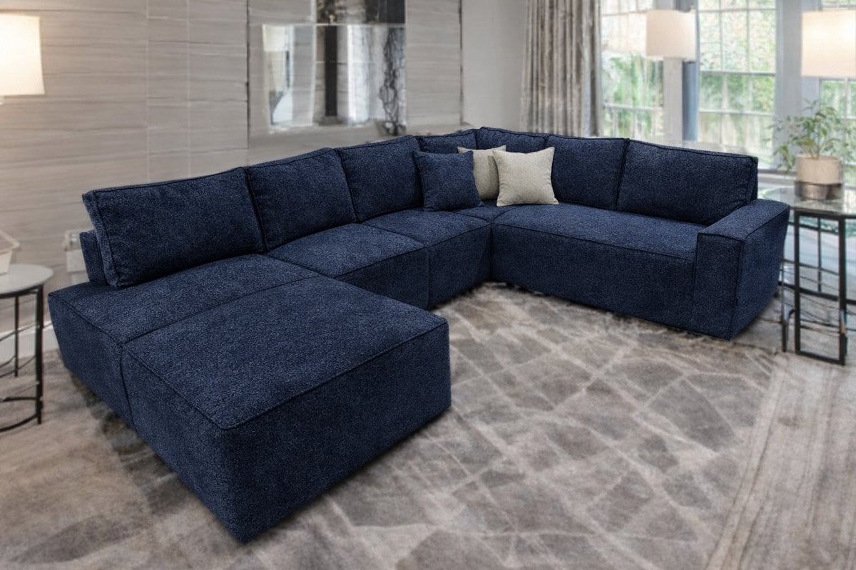 Moderne U-vormige hoekbank Koningstijl in Deep Blue textiel met rugkussens