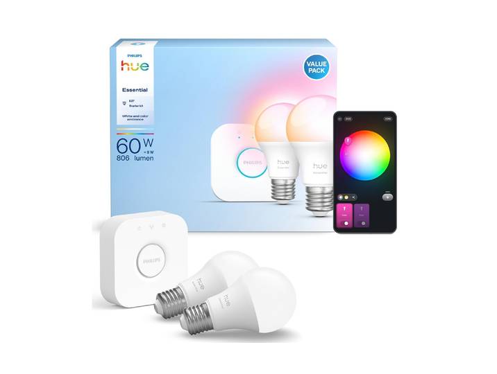 PHILIPS HUE Smart-Home Starter-Set Basis Starter-Set: Hue Bridge + 2 Essential E27 RGB , Energieeffizienz: F, weiss (weiß), B:60cm H:111cm T:60cm Ø:6cm, Smart-Home-Stationen, Smart-Home Starter-Set