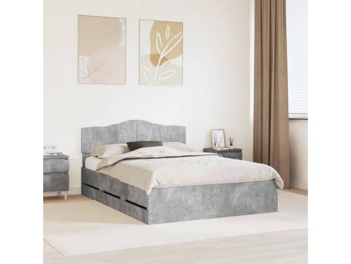 RJPLMFV Bettgestell, Betongrau, 140 x 190 cm, Holz Versteckte Schubladen, großes Kopfteil, freistehende Montage, einfache Reinigung