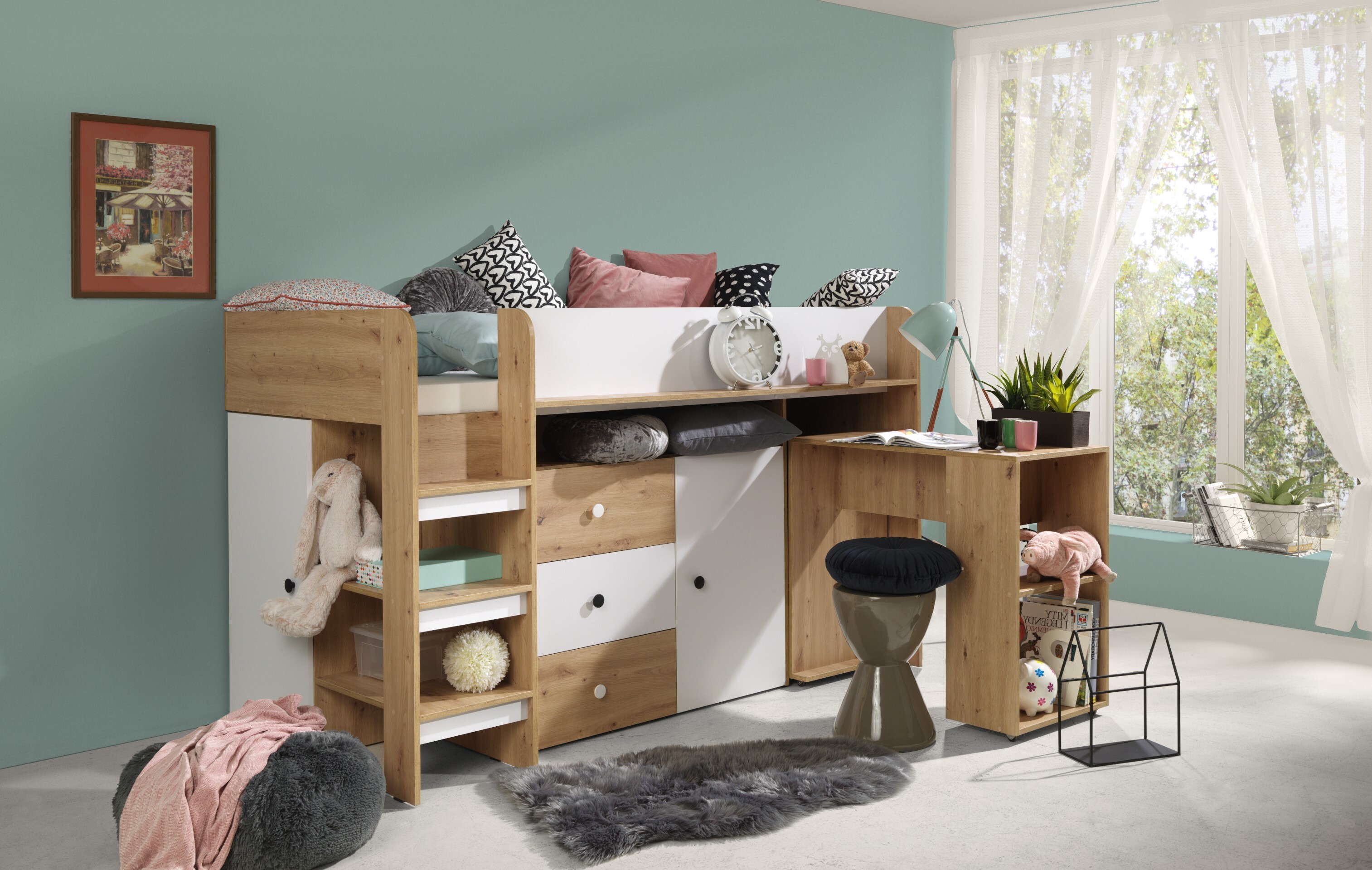 MINIO Hochbett mit Schreibtisch SMARTI 1 Weiß Links
