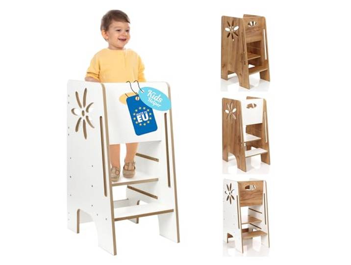 Kitchen Kids Helper Lernturm ab 1 Jahr - Höhenverstellbarer Lernturm Montessori Weiß 80cm - Sicherer Learning Tower für Kinder - Ideal für Küche & Bad - Stabile Konstruktion -Leichter Aufbau