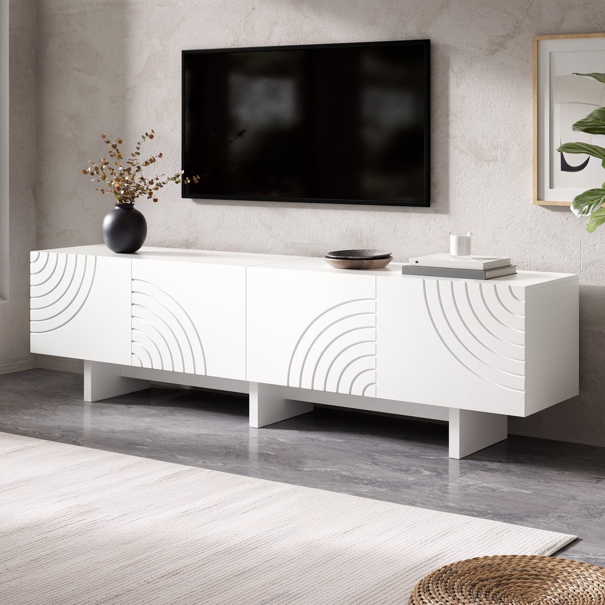 MODENUIT Tv-Meubel met Geometrische Deurfronten en 4 Deuren, Wit