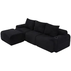 MODFU Kombinationssofa Cord Schwarz 268x174x80 cm, modularer 3-Sitzer mit Cupholder und Seitentasche