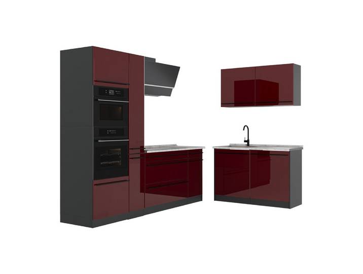 Vicco Winkelküche R-Line, Rot Hochglanz/Anthrazit, 230 x 120 cm Arbeitsplatte Marmor