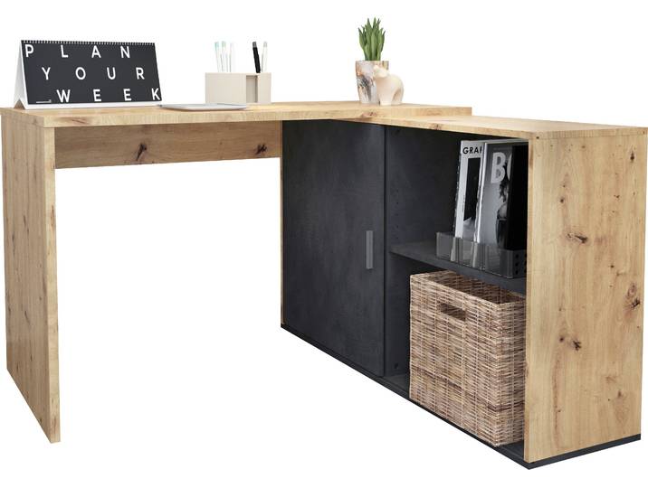 Eckschreibtisch FMD Valley , schwarz (artisan, oak, matera, artisan, oak, matera, artisan, oak, matera), B:118cm H:75cm T:60,5cm, Tische, Eckschreibtisch, Eckschreibtisch mit variablem Stauraum, Breite 118 cm