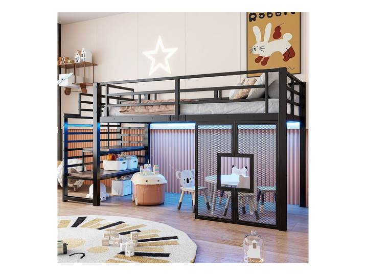 Flieks Hochbett Metallbett Kinderbett 90x200cm mit LED-Beleuchtung, eingebauter Treppe