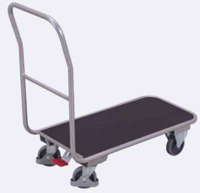 Magazinwagen, Aluminium/Siebdruckplatte, alusilber/Dunkelbraun, L 845 x B 440 mm, mit Querrohr, TPE-Rollen mit EasySTOP, bis 200 kg