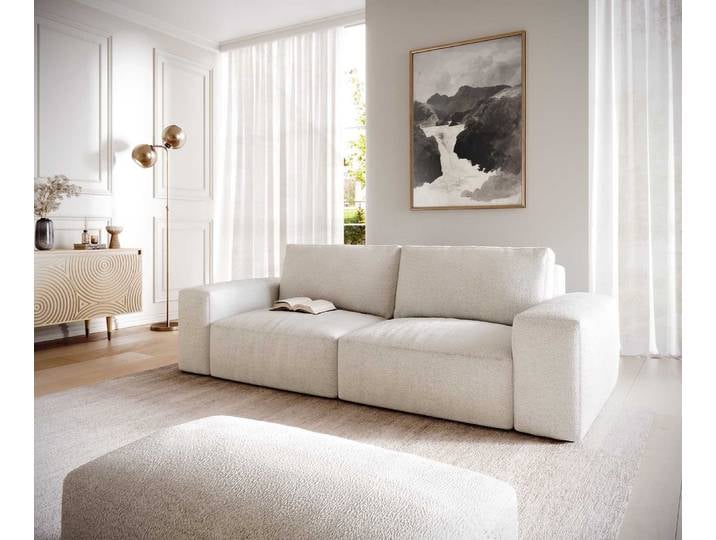 Big-Sofa Lanzo 230x95 cm Bouclé Creme-Weiß mit Hocker, Big Sofas