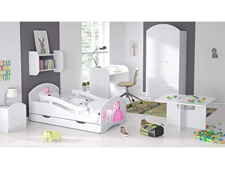 BDW Kinderbett Jugendbett 140 160 180 mit Einer Schublade mit Matratze mit Motiv (160x80cm Weiß)