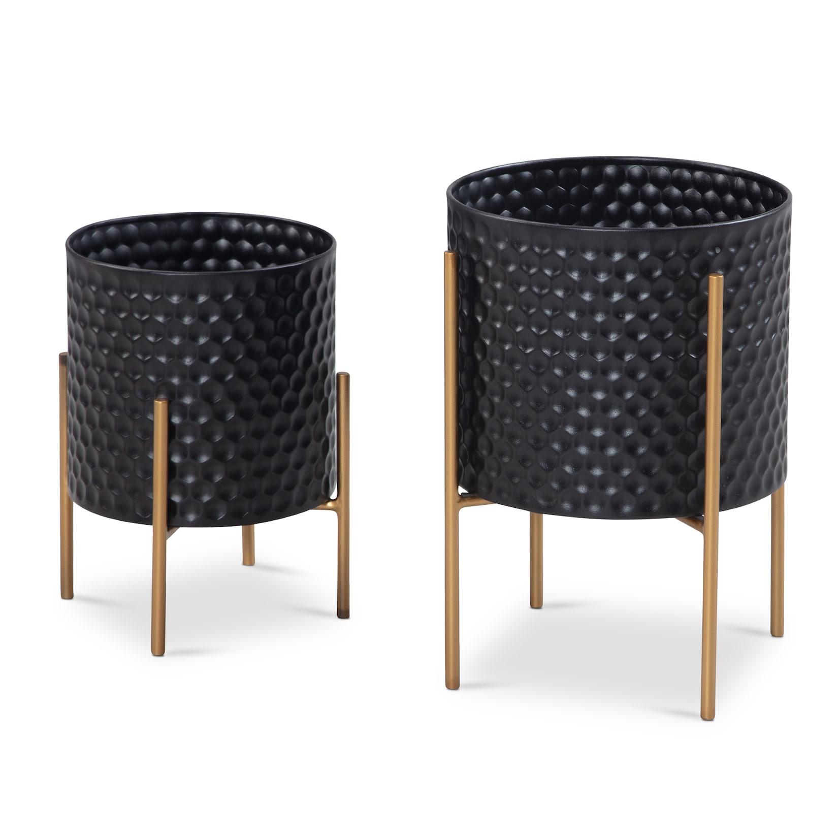 KADIMA DESIGN Schwarz-Goldene Metall-Blumentöpfe im 2er Set, Elegante Runde Pflanzkübel