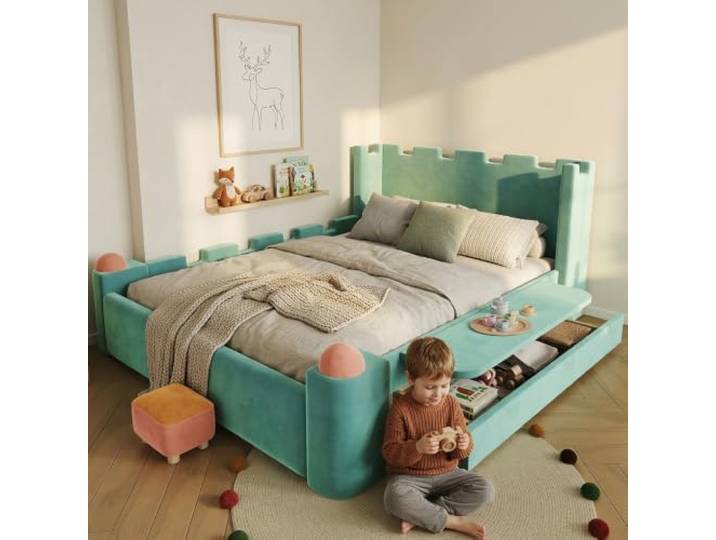 I0I&I0I Kinder Polsterbett Doppelbett Mit Stauraum Klappbare Seitenablage Burg Design Weiche Kanten Fürs Kinderzimmer (Blue-Green + Wood+Fabric + 140cm*200cm)
