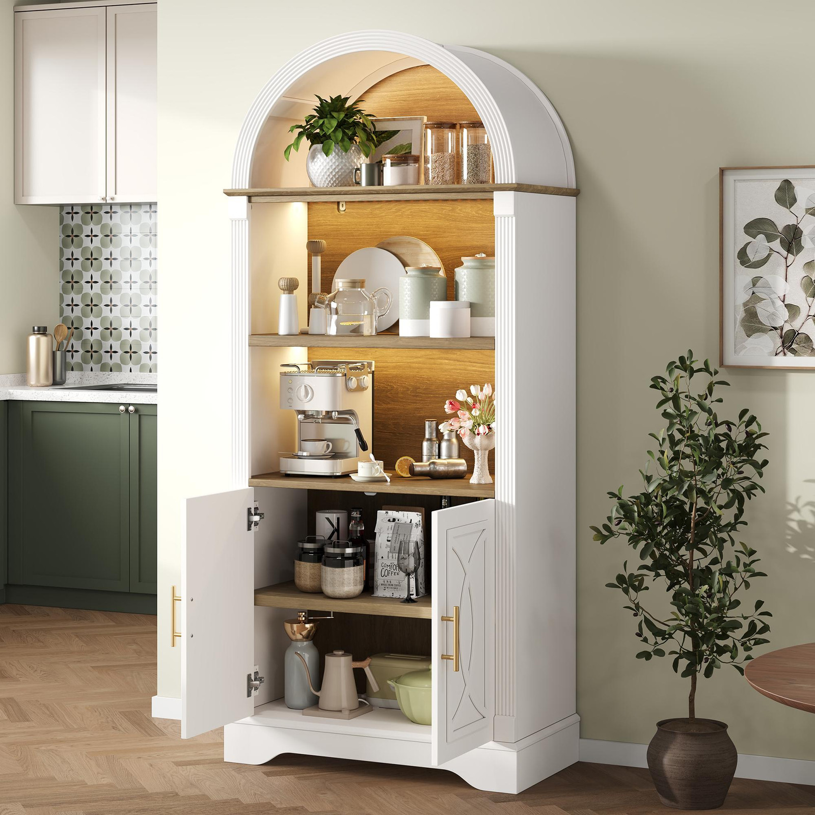 OKWISH multifunctionele hoge kast met LED-verlichting en open vakken, wit, Hoogte: 180 cm