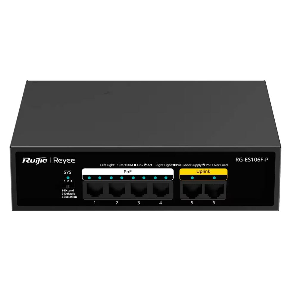 Ruijie 6-Port 100Mbps, 4 of the ports support PoE/PoE+ power supply. Max PoE power budget is 54W, Steel Cas (6 Ports) (RG-ES106F-P)