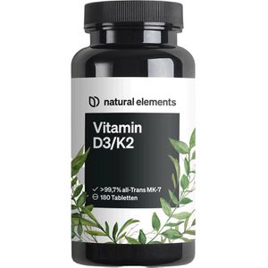 natural-elements Vitamin-D 180 Tabletten, Vitamin D3 + K2 MK7, hochdosiert, je Tablette 5000 I.E.
