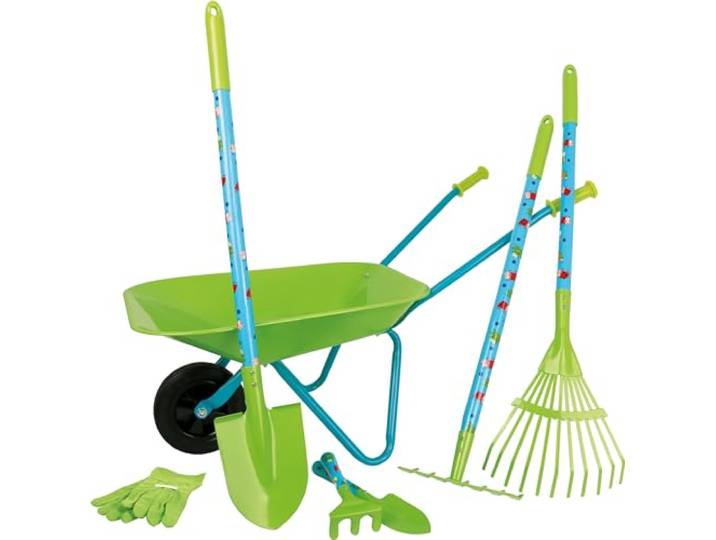 small foot Kinderschubkarre Metall mit Gartengeräte Set 8-teilig aus Holz & Metall – Schubkarre, Spaten, Harke & Gartenspielgeräte – Nachhaltiges Outdoor Gartenspielzeug für Kinder ab 3 Jahren, 12014