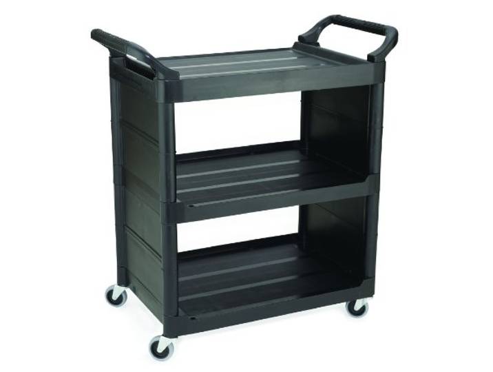 Rubbermaid Commercial Products FG342100BLA Servicewagen aus Polyethylen mit Randverkleidung, 3 Böden, Schwarz