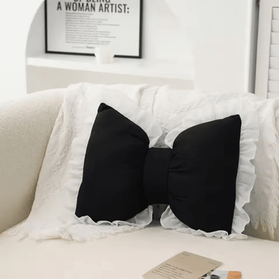 Uplift Curations BowBliss Plush Decorative Sofa Pillow Pink Bow Lace Cushion For Bed, Car & Home Comfort black