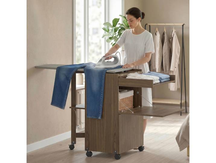 HOMCOM Armoire Table à Repasser Pliable Rangement 154x55x87cm Marron