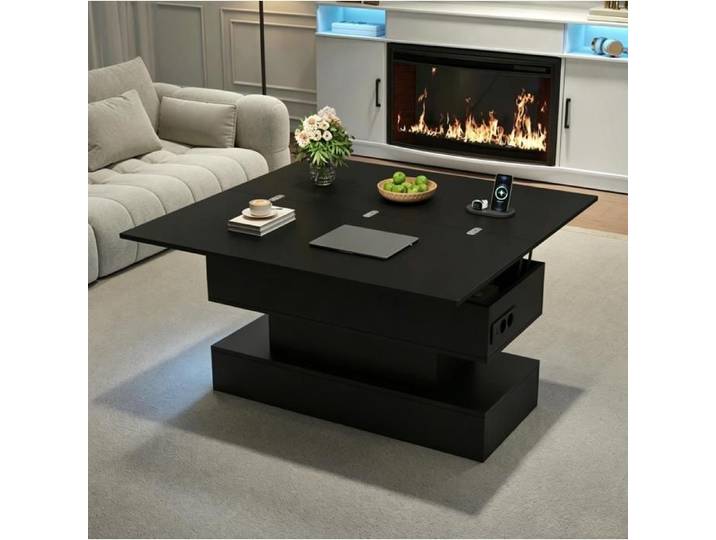 Table Basse Relevable Hydraulique avec LED et Rangement Caché - LPOSPI - prise intégrée panneau de particules - noir